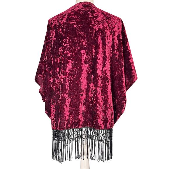 Vintage Y2K Wet Seal Burgundy Crushed Velvet Fringe Open Jacket Boho Chic Party - Picture 2 of 10